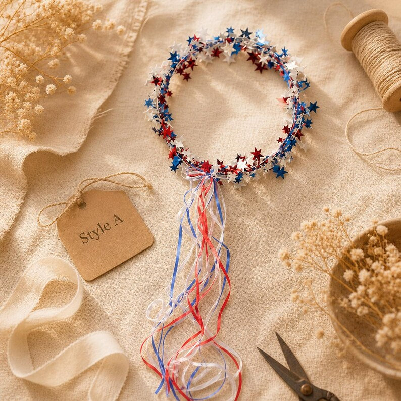 Sparkling Americana Star Crown with Flowing Ribbons 🇺🇸✨ | Patriotic Hair Accessory