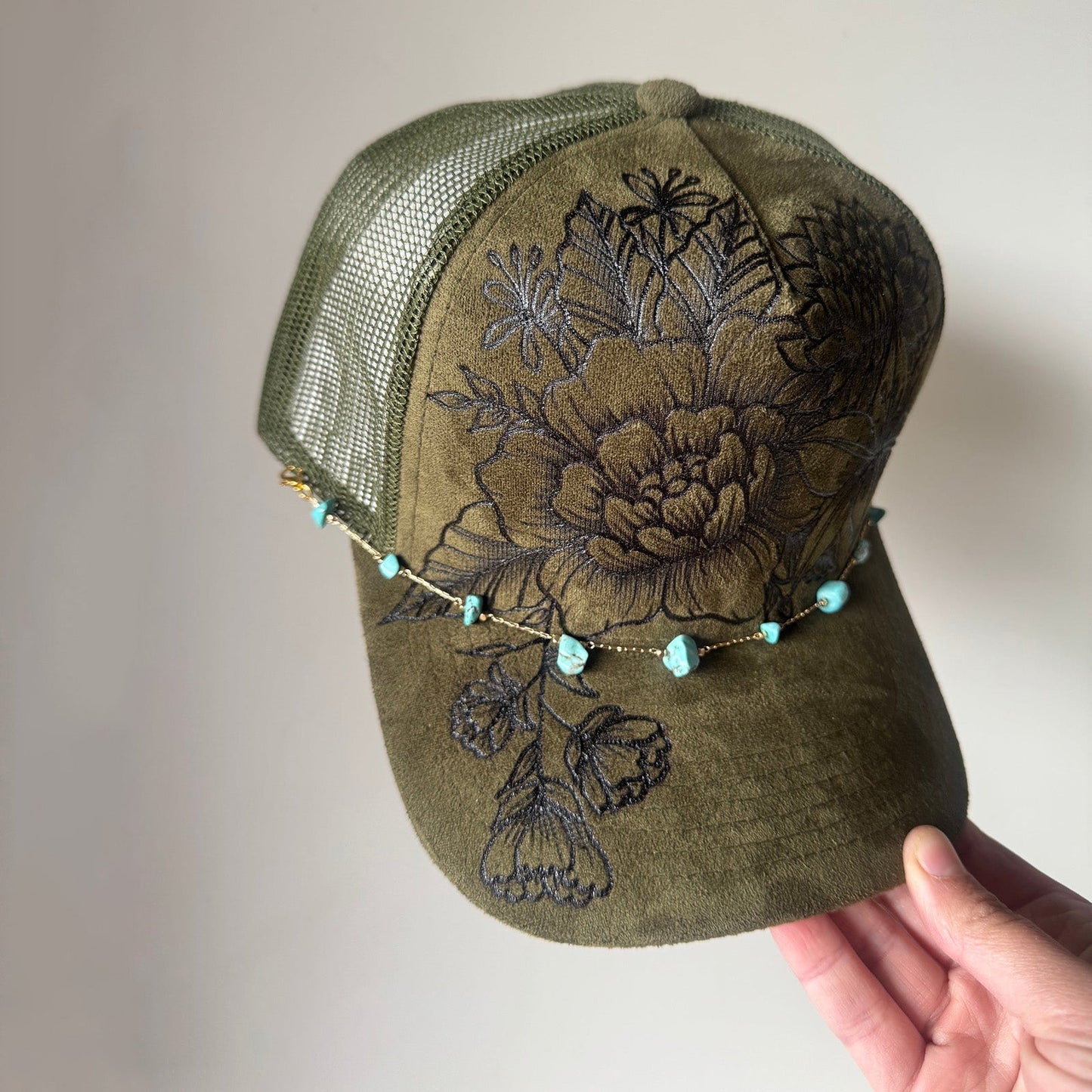 Flower Patch Burned Suede Trucker Hat with Dainty Turquoise Stone Chain