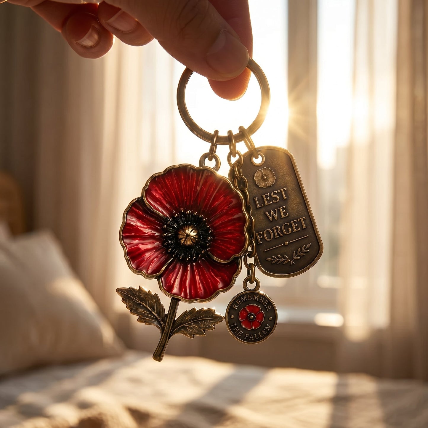 Poppy Remembrance Keychain - Vintage Bronze Tone - Honor & Rememberance