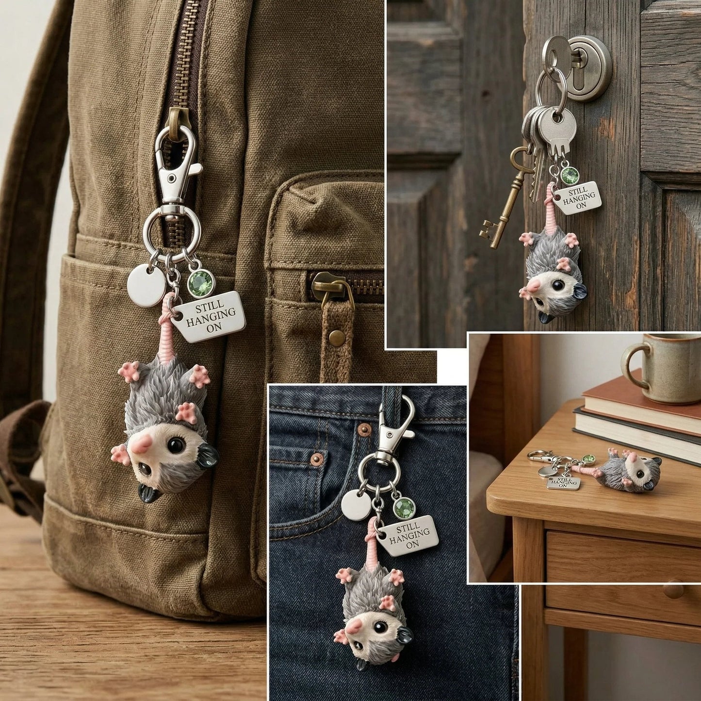 🐁A Little Opossum for You - "Still Hanging On" Keychain & Sentiment Card Set