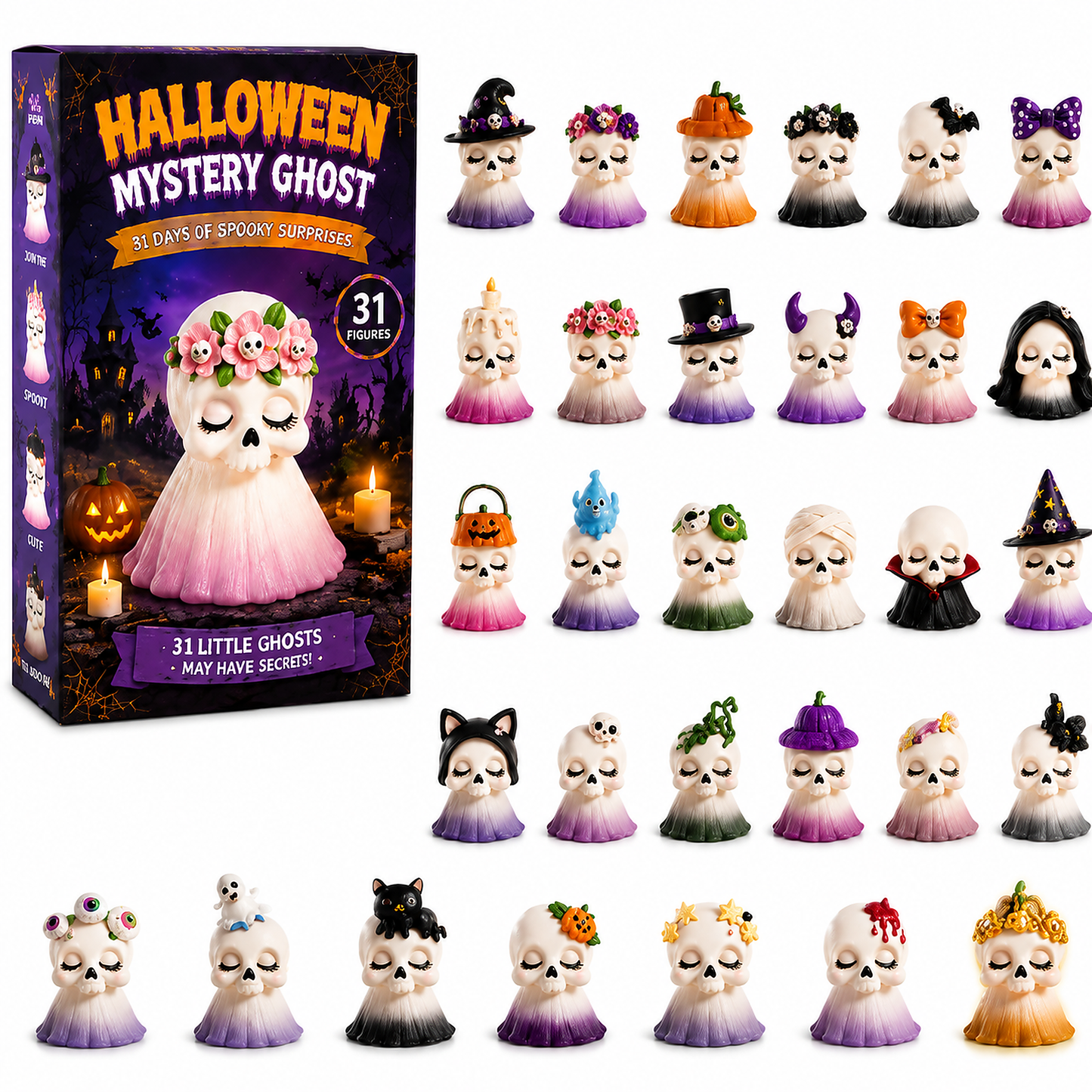 π 31-Day Halloween Mystery Ghost Advent Calendar | Collectible Skull Figurine Set