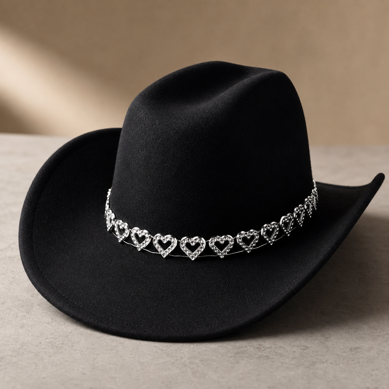 Women's Classic Wide Brim Western Cowboy Hat with Heart Chain