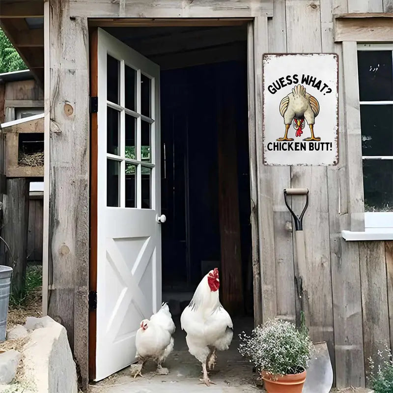 Guess What? Chicken Butt! Funny Retro Metal Sign - Farmhouse & Humor Wall Decor for Chicken Lovers