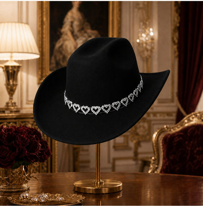 Women's Classic Wide Brim Western Cowboy Hat with Heart Chain