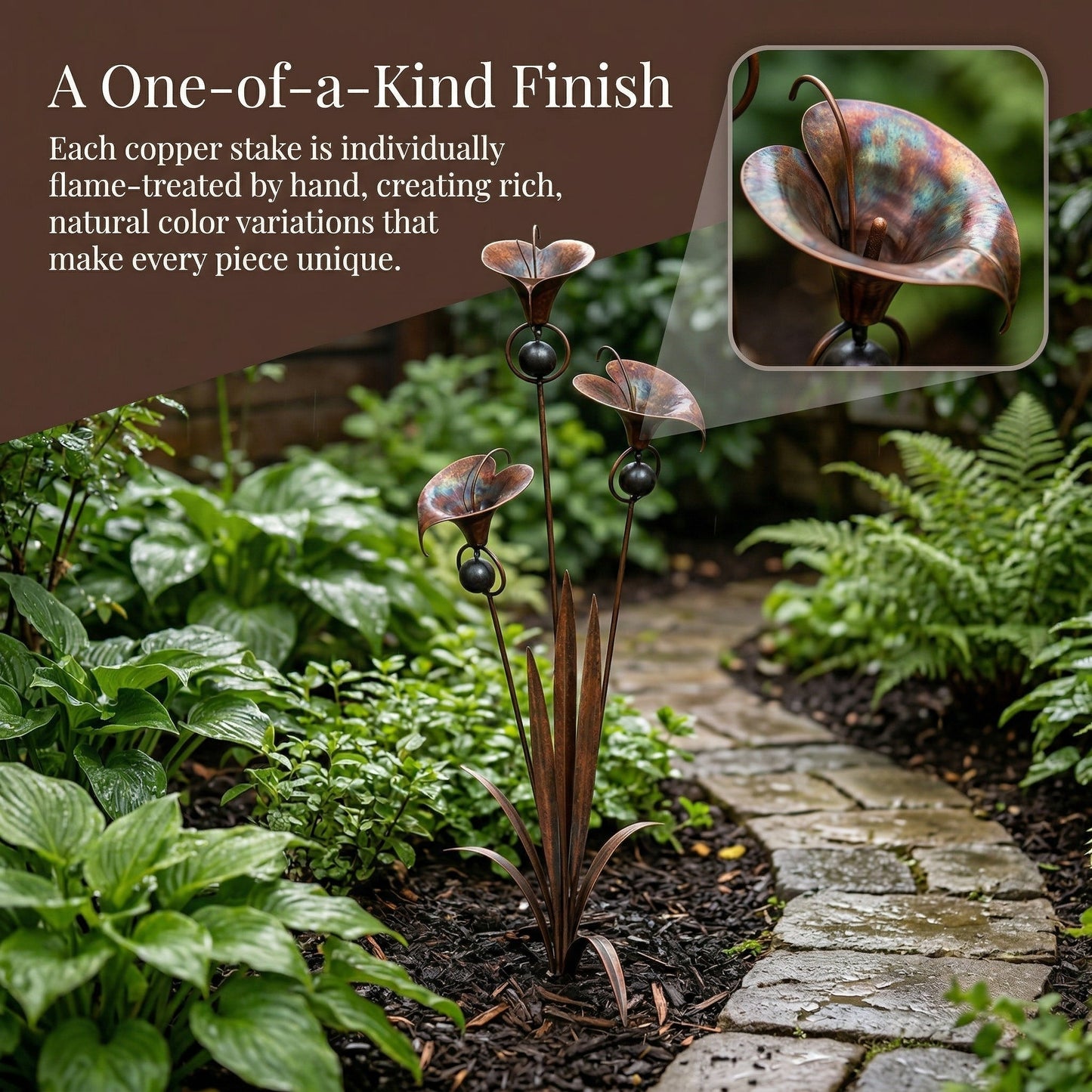 🏡Flamed Copper Three Calla Lilies Garden Stake with Bells