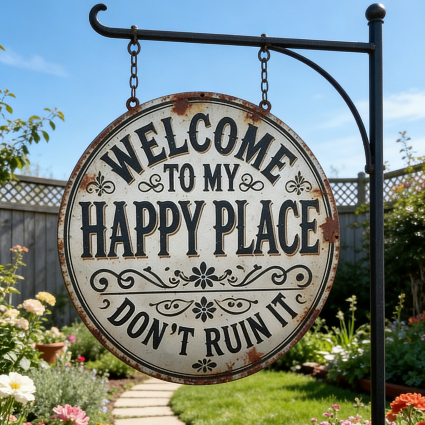 Vintage Round Metal Sign – “Welcome to My Happy Place Don’t Ruin It” Garden Wall Decor