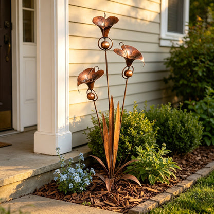 🏡Flamed Copper Three Calla Lilies Garden Stake with Bells