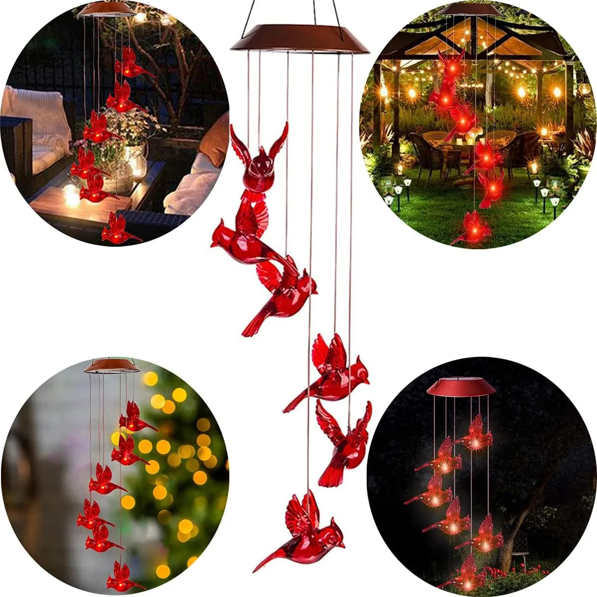 Solar-Powered Cardinal Bird Bell Lights for Garden & Patio
