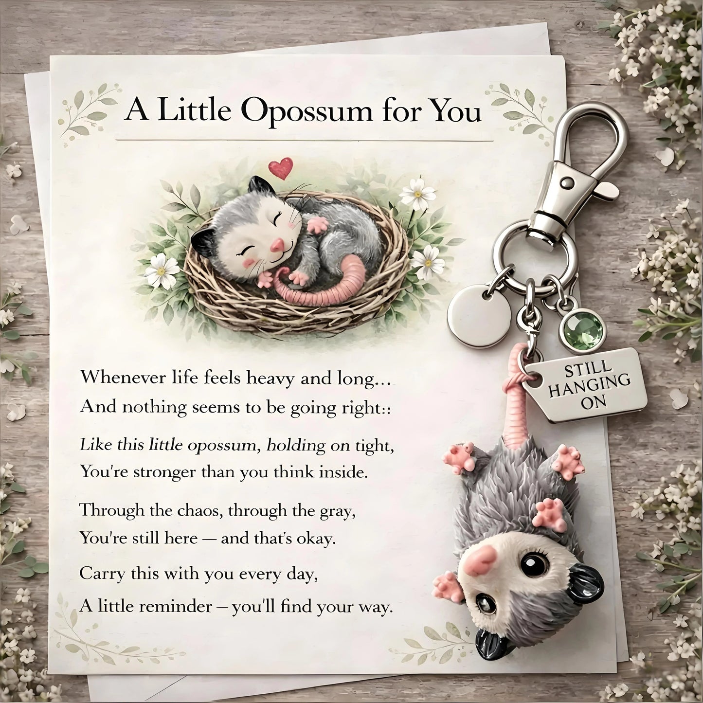 🐁A Little Opossum for You - "Still Hanging On" Keychain & Sentiment Card Set