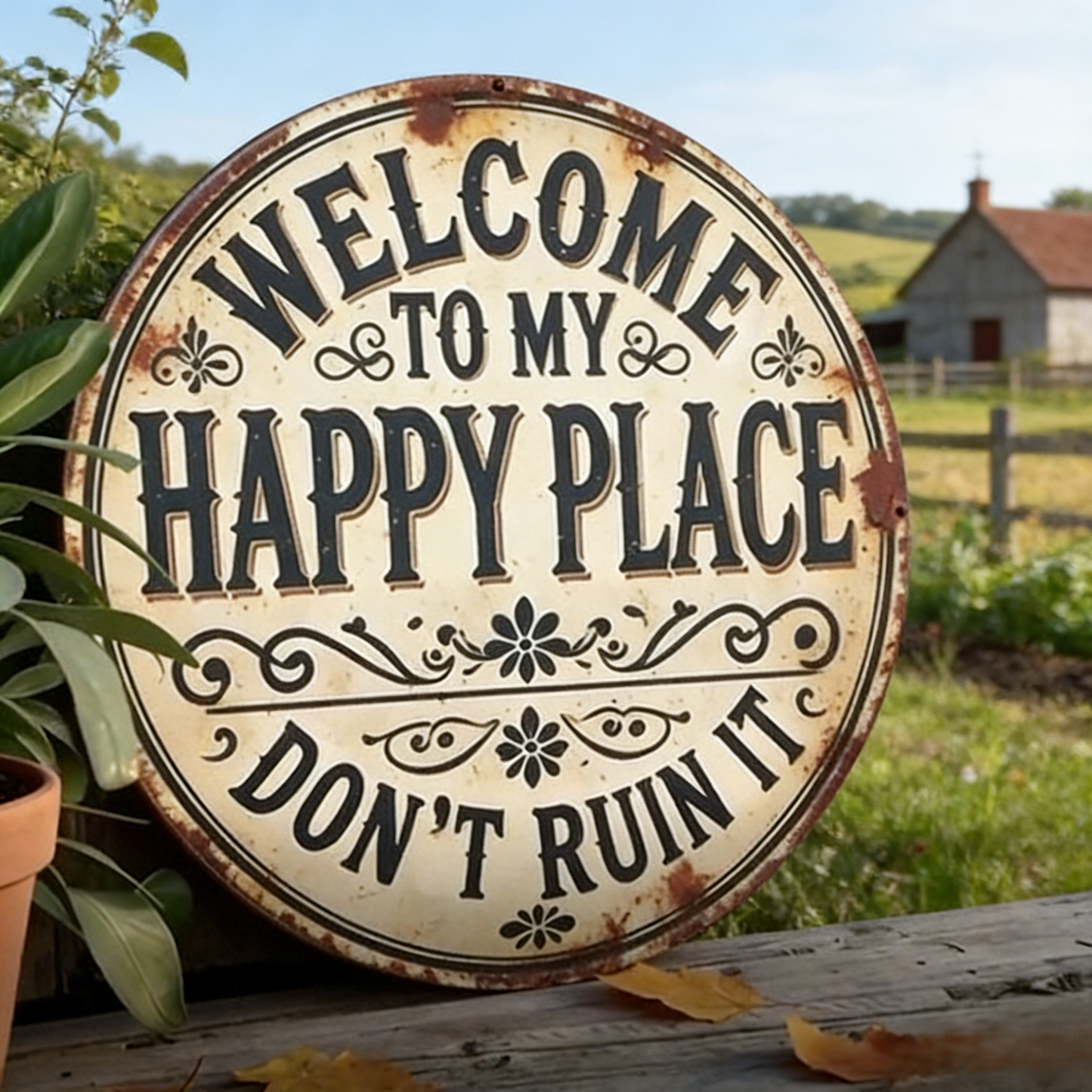 Vintage Round Metal Sign – “Welcome to My Happy Place Don’t Ruin It” Garden Wall Decor