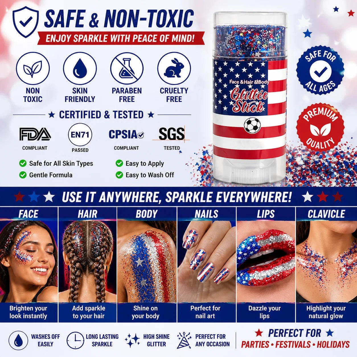 🦅4th of July Glitter Stick✨🔔Red, White & Blue Body & Hair Sparkle