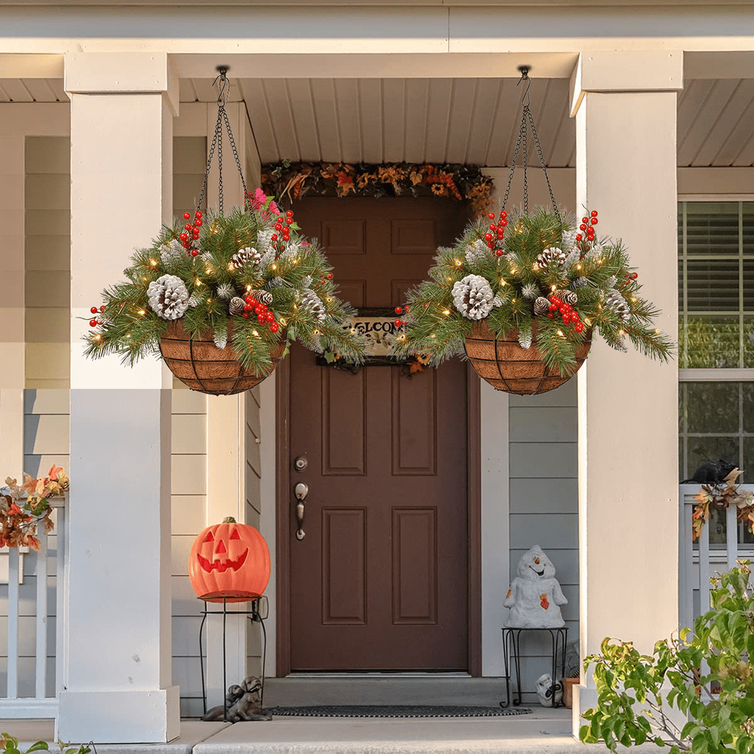 🎄Christmas Hanging Basket - Flocked with Mixed Decorations and White LED Lights - Frosted Berry
