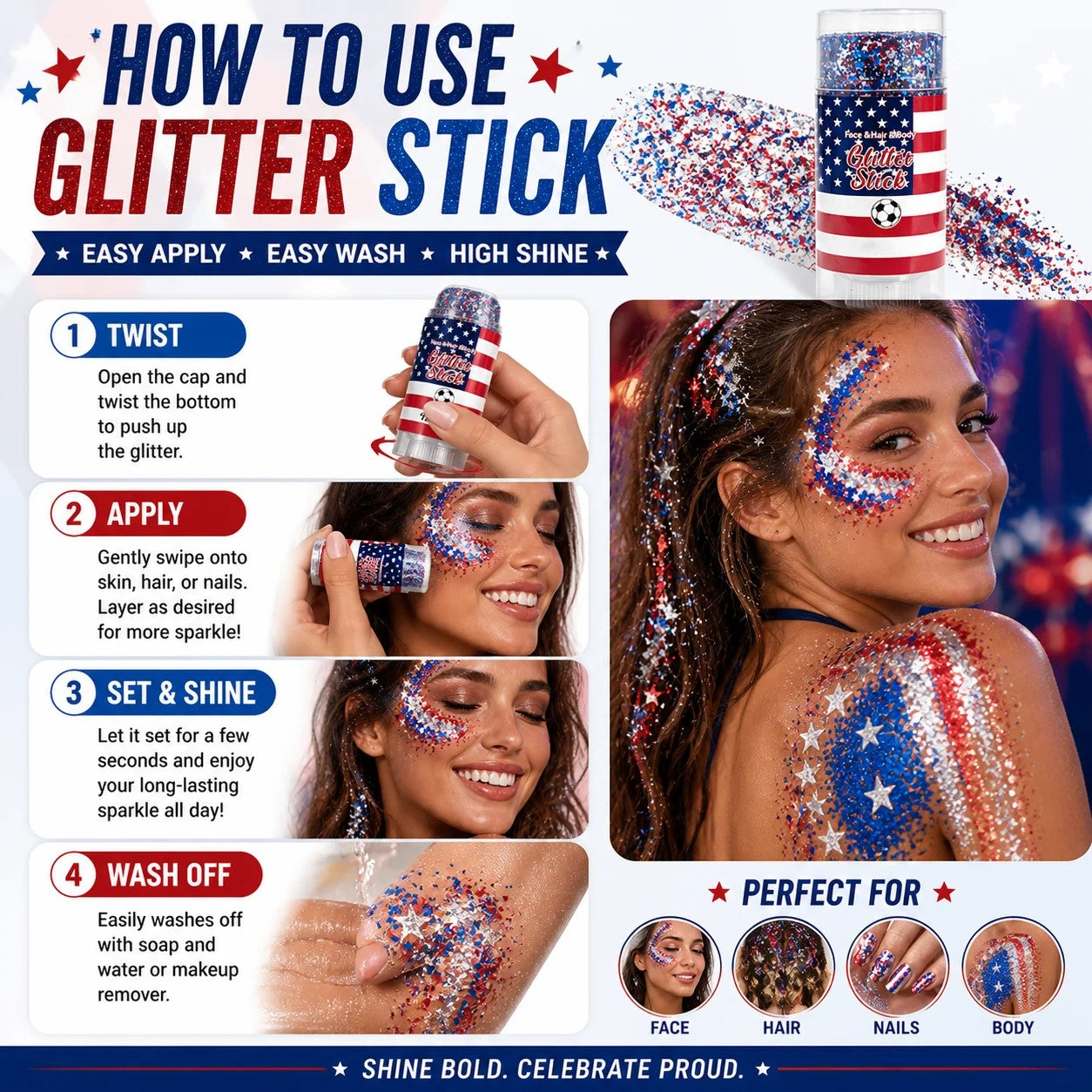 🦅4th of July Glitter Stick✨🔔Red, White & Blue Body & Hair Sparkle