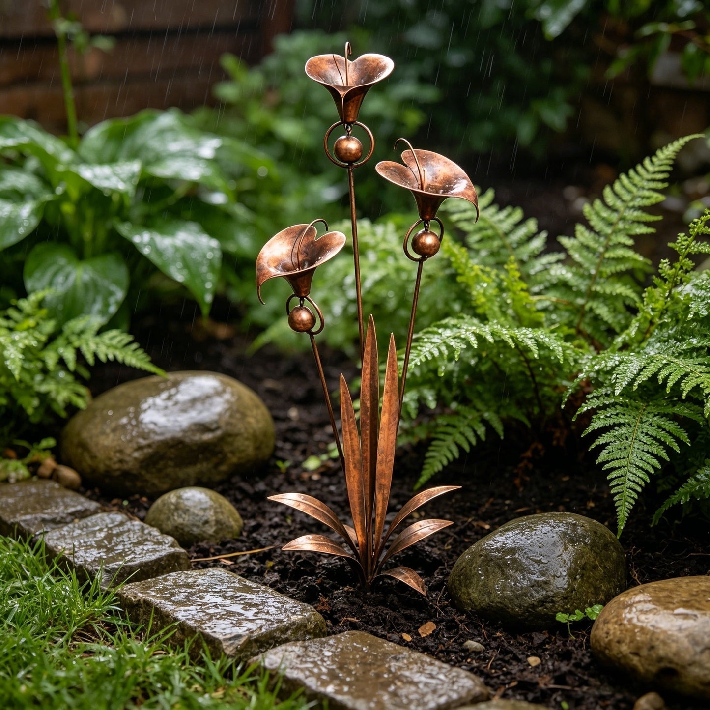 🏡Flamed Copper Three Calla Lilies Garden Stake with Bells