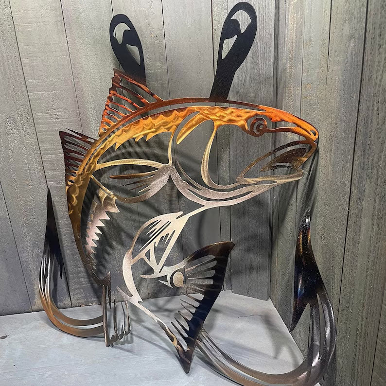 Metal Bass Fish with Hooks Plasma Cut Sign Art Fishing Art Gone Fishing