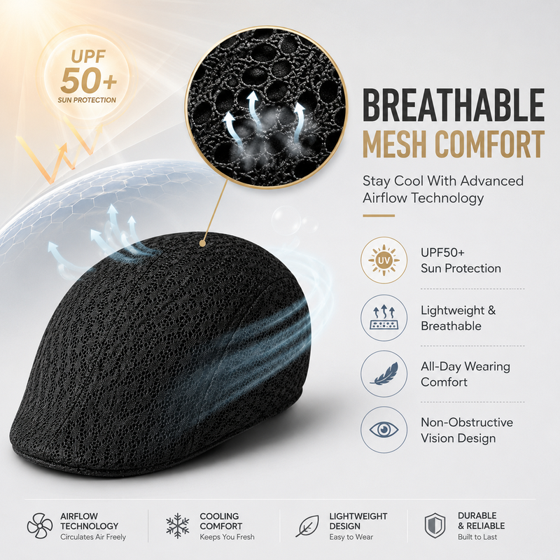 UPF50+ Mesh Flat Cap Men Breathable Duckbill Beret 56-58cm