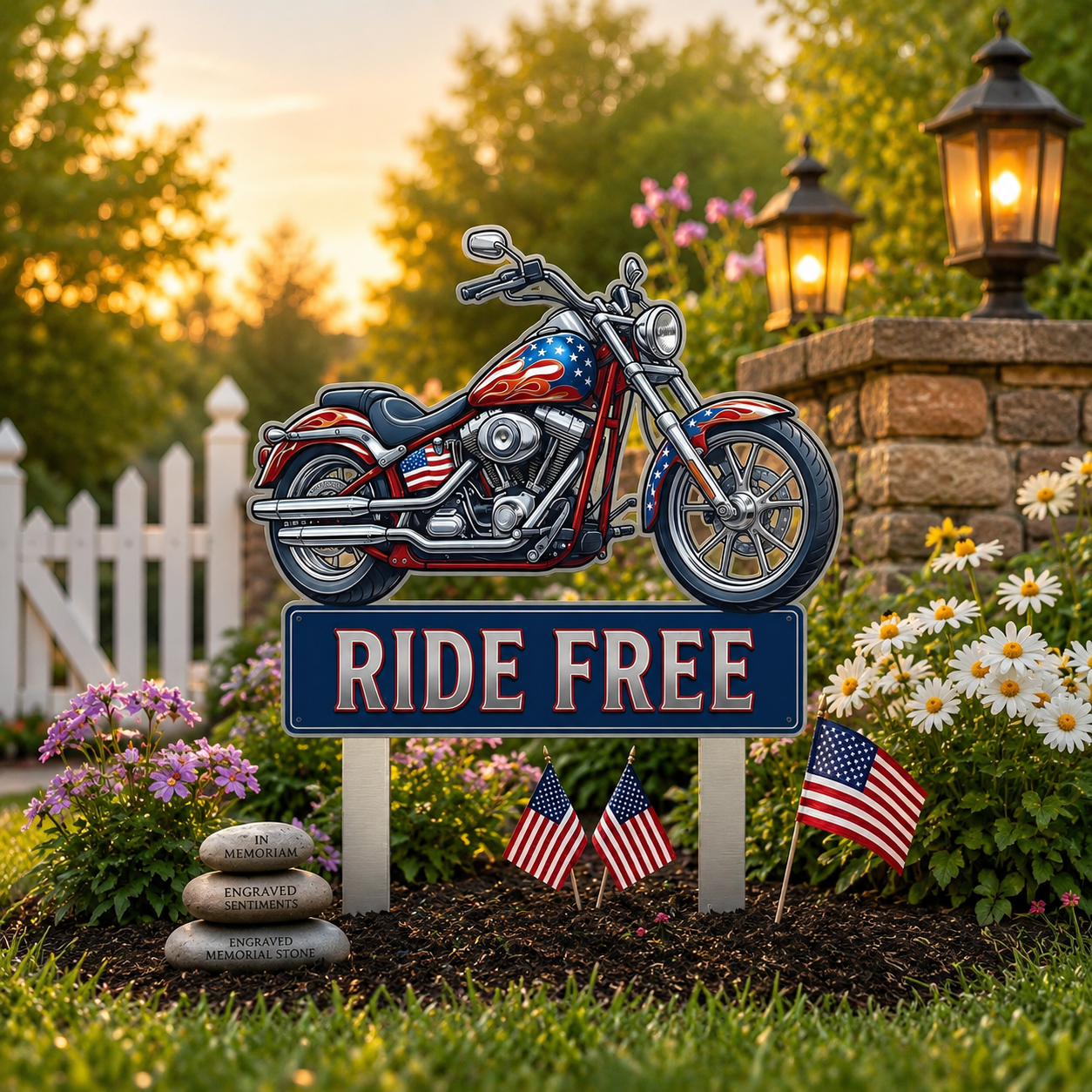 Motorcycle Patriotic Ride Free  Metal Garden Stake