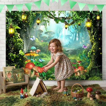 🌲Magical Forest Floral & Butterfly Backdrop Banner — Outdoor Birthday Party Scene Decoration