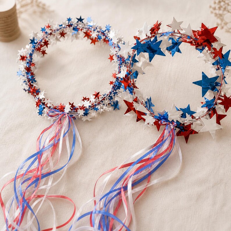 Sparkling Americana Star Crown with Flowing Ribbons 🇺🇸✨ | Patriotic Hair Accessory