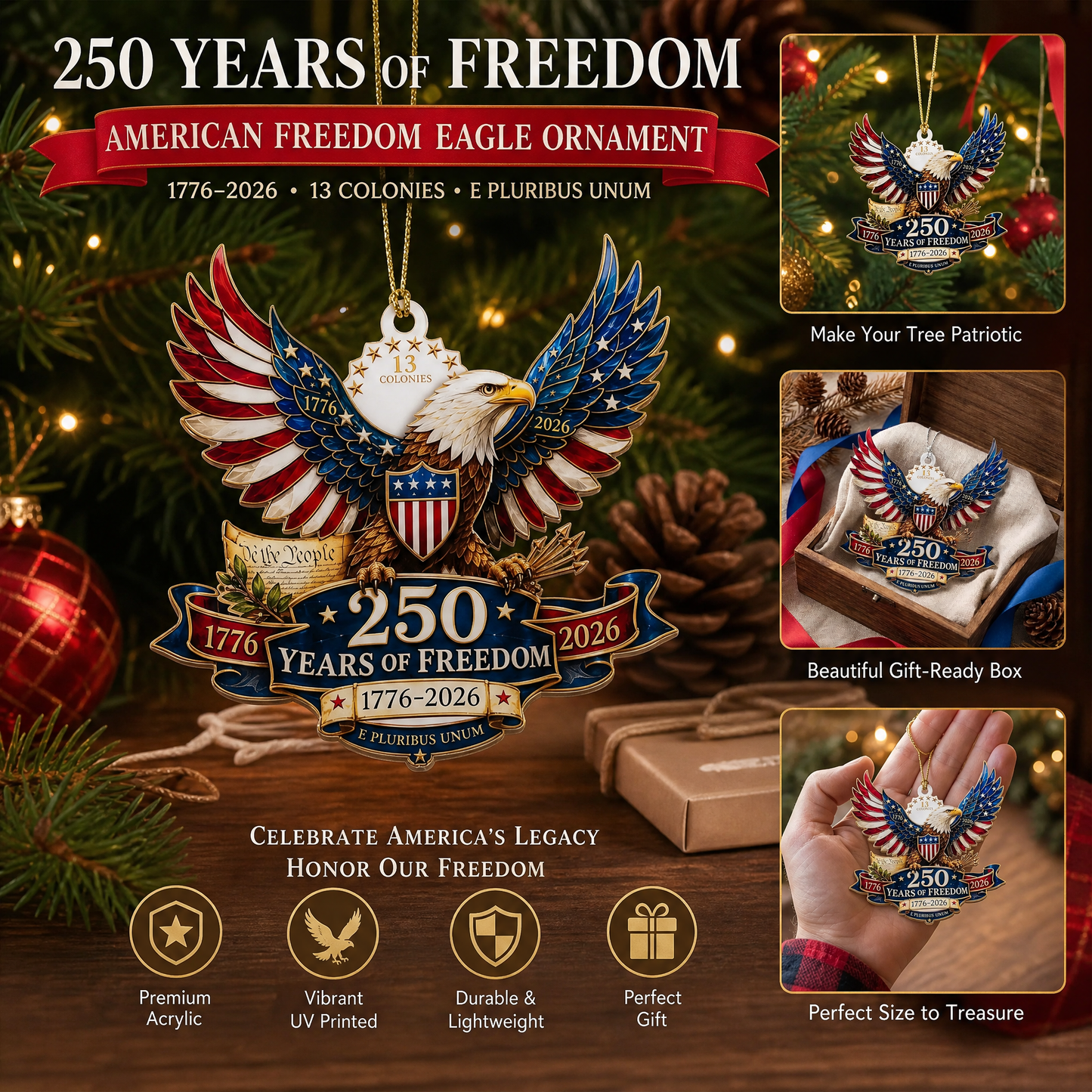 1776–2026 Freedom Eagle Christmas Ornament