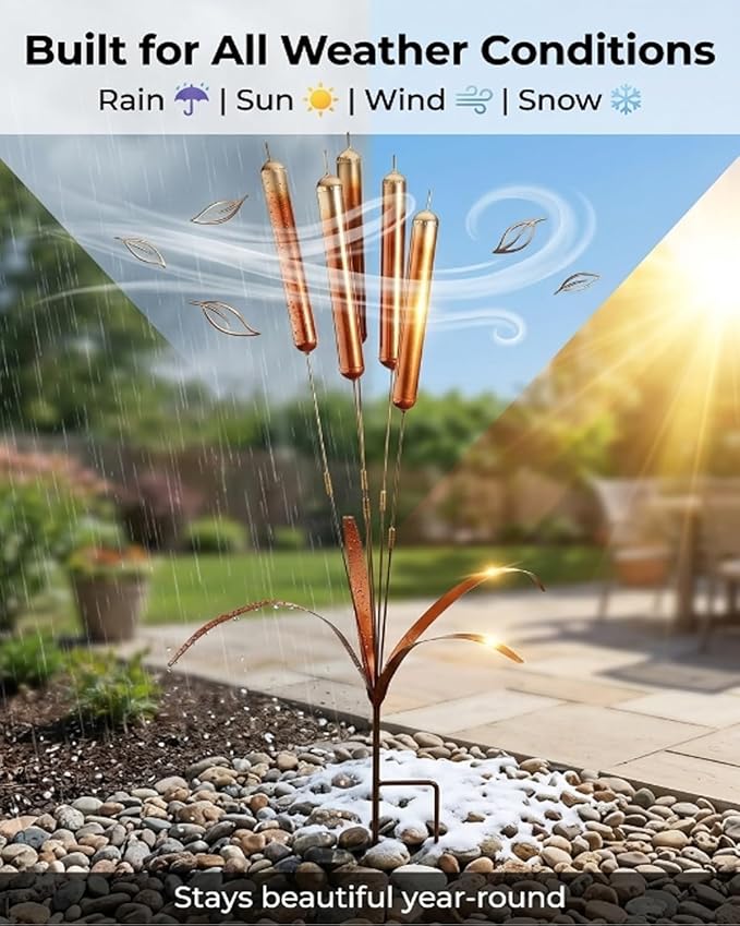 🔥Limited Time Offer 🎐Copper Cattail Wind Chime Garden Stake, Rustic Metal Outdoor Yard Decor