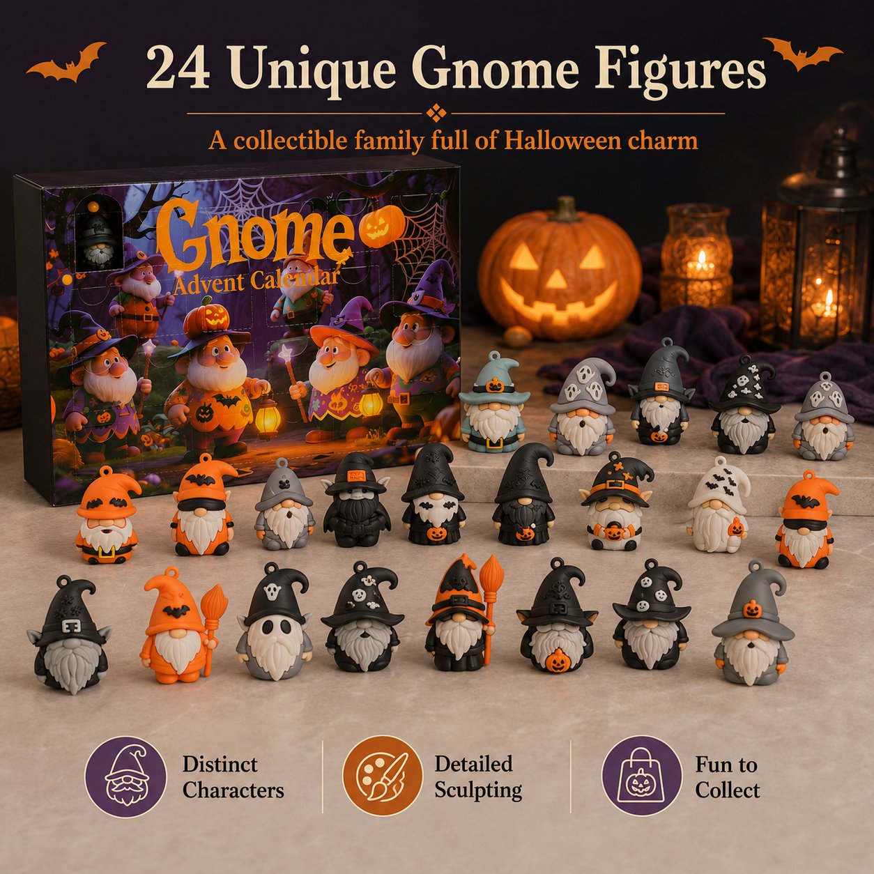 🎃 Last Day 50% OFF - 24 Days of Halloween Gnome Surprise Figures Advent Calendar Box