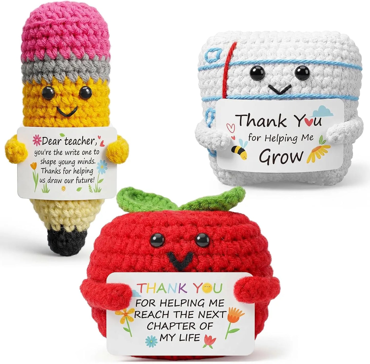 3pcs Crochet Figures Teacher Appreciation Gifts with Inspirational Quotes