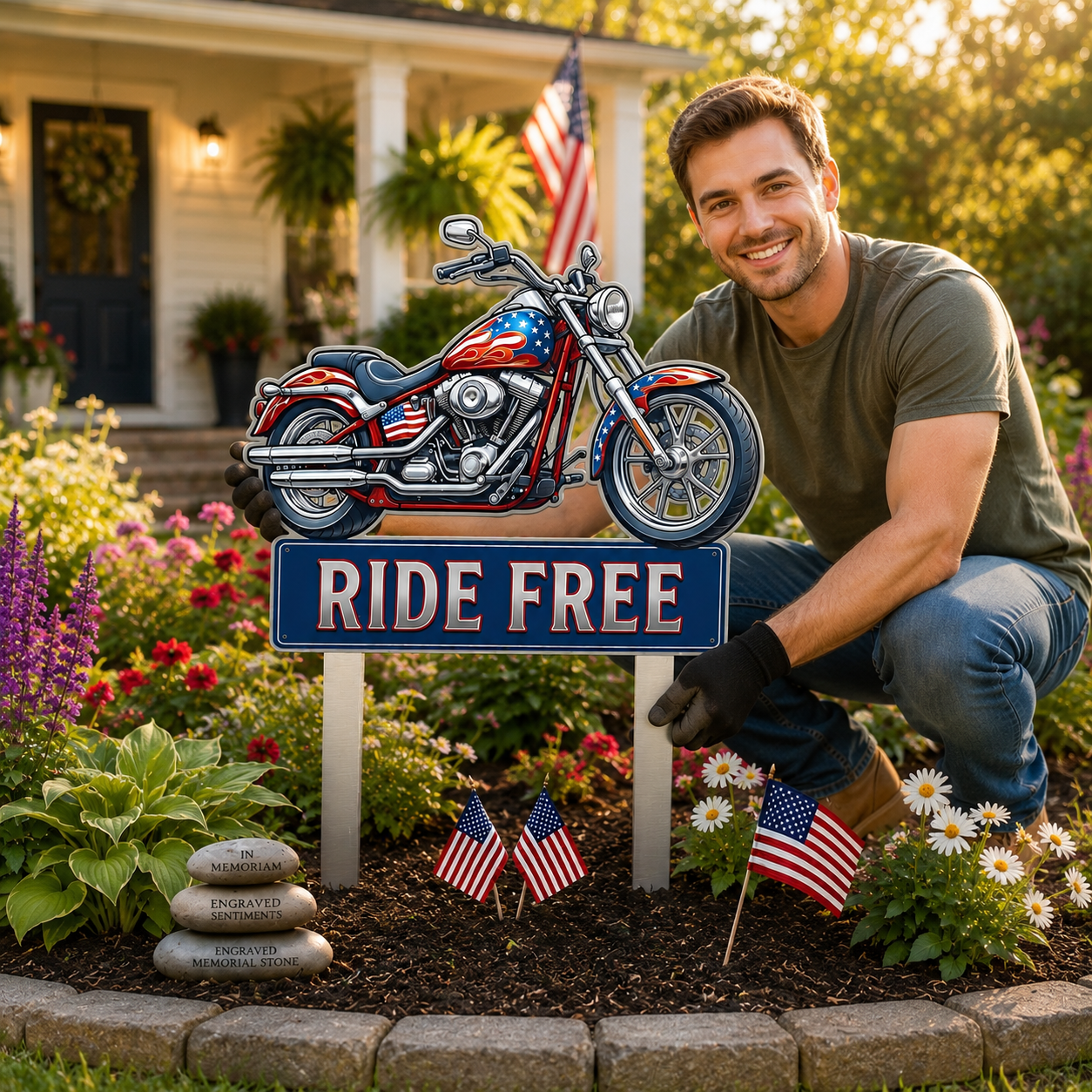 Motorcycle Patriotic Ride Free  Metal Garden Stake