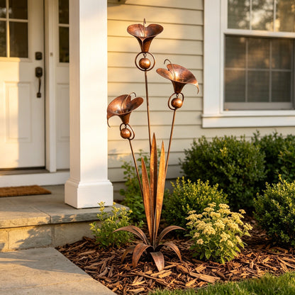 🏡Flamed Copper Three Calla Lilies Garden Stake with Bells