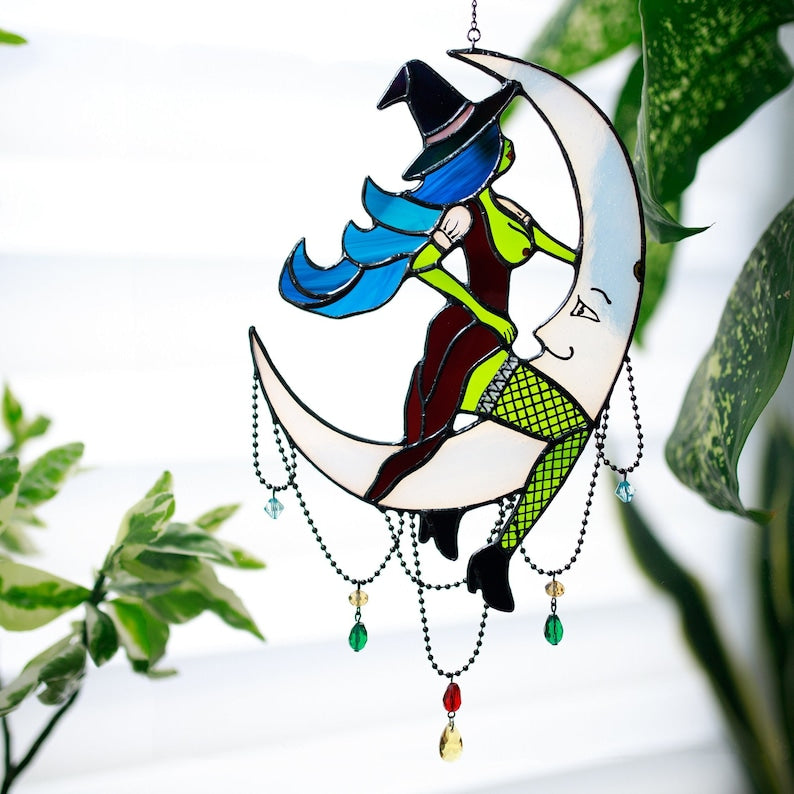 🌙Witch on Moon - Unique Stained Glass Halloween Home Decor✨