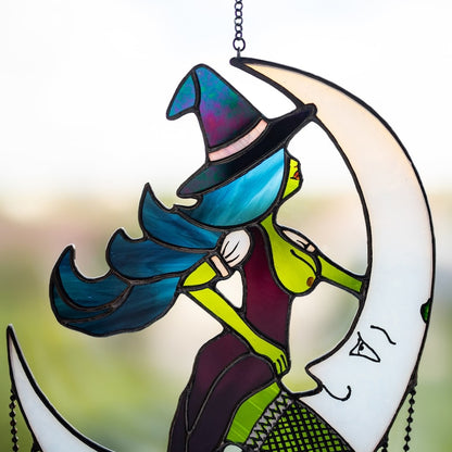 🌙Witch on Moon - Unique Stained Glass Halloween Home Decor✨