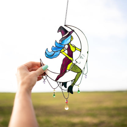🌙Witch on Moon - Unique Stained Glass Halloween Home Decor✨