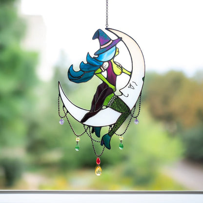🌙Witch on Moon - Unique Stained Glass Halloween Home Decor✨