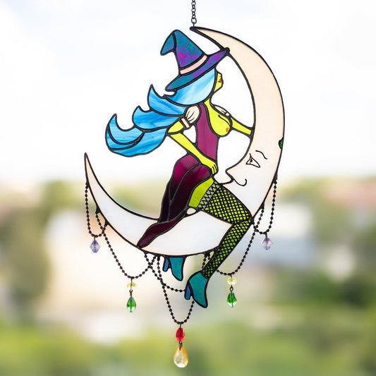 🌙Witch on Moon - Unique Stained Glass Halloween Home Decor✨
