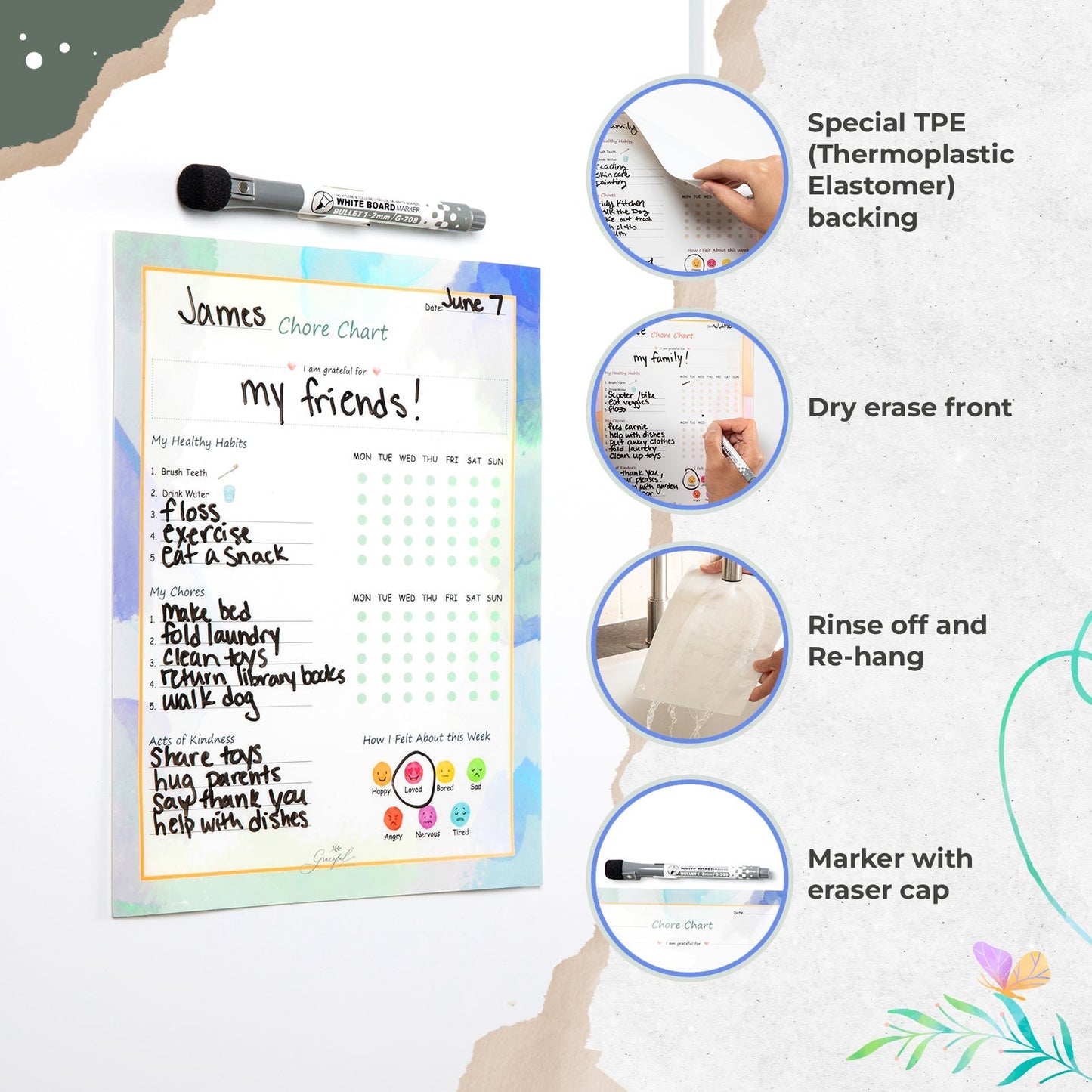 🌈Flexible Stick Weekly Chore Chart and Emotion Tracker for Kids👦👧🏽