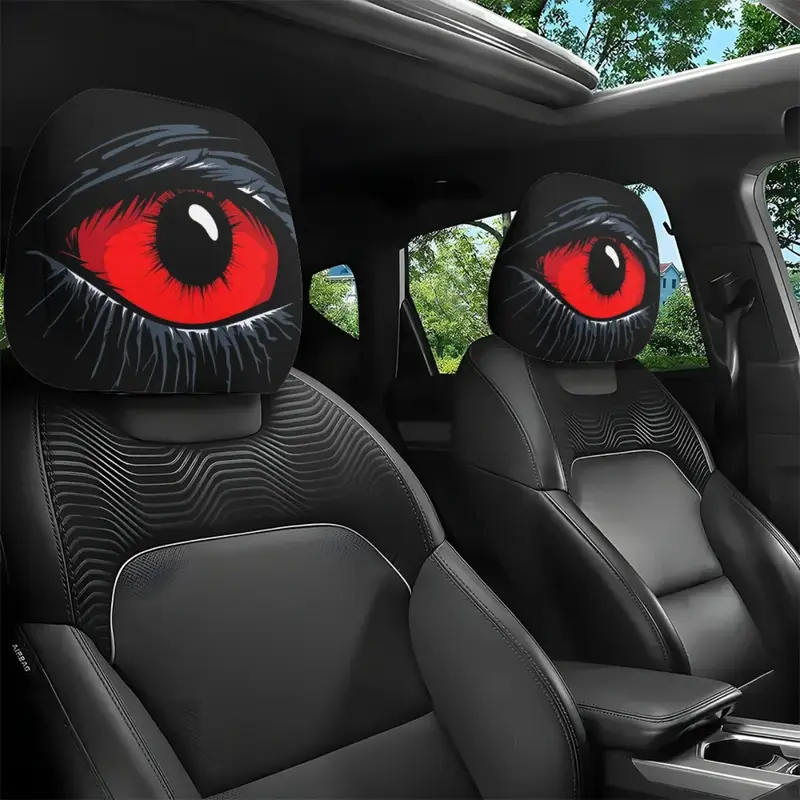 2 pcs Red Devil's Eye Car Headrest Covers - Red and black Gothic design