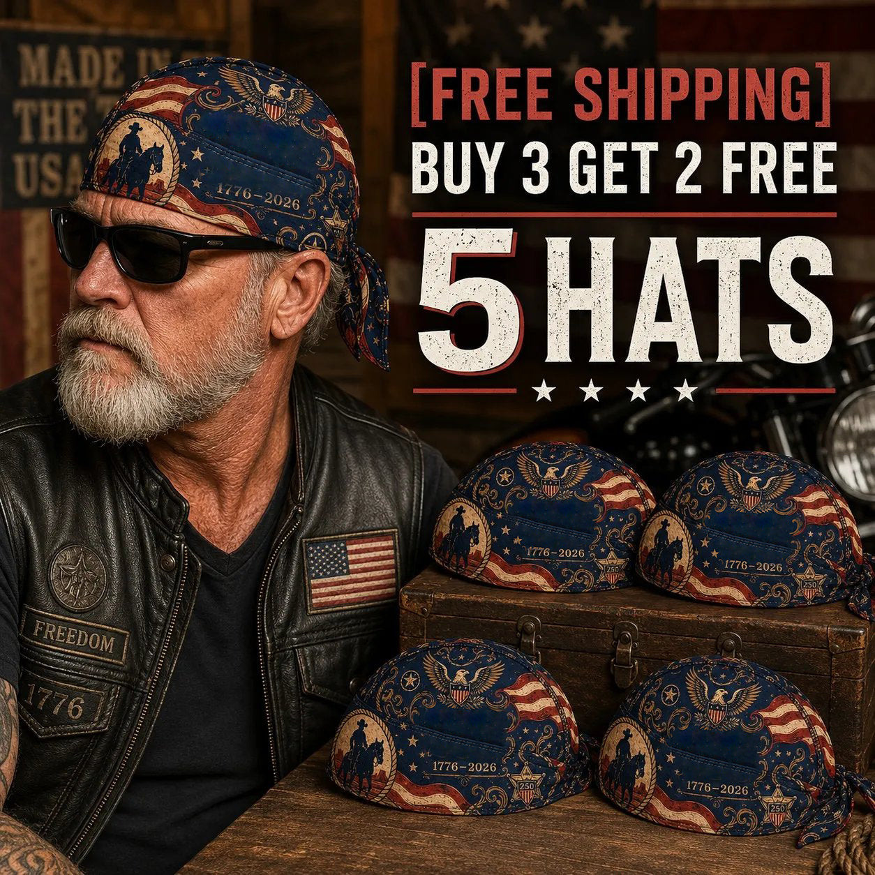🏍️America 250 Cycling Pirate Hat / Biker Headwrap