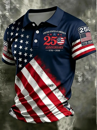 Patriotic American Flag Polo Shirt for Men, 250th Anniversary 1776-2026
