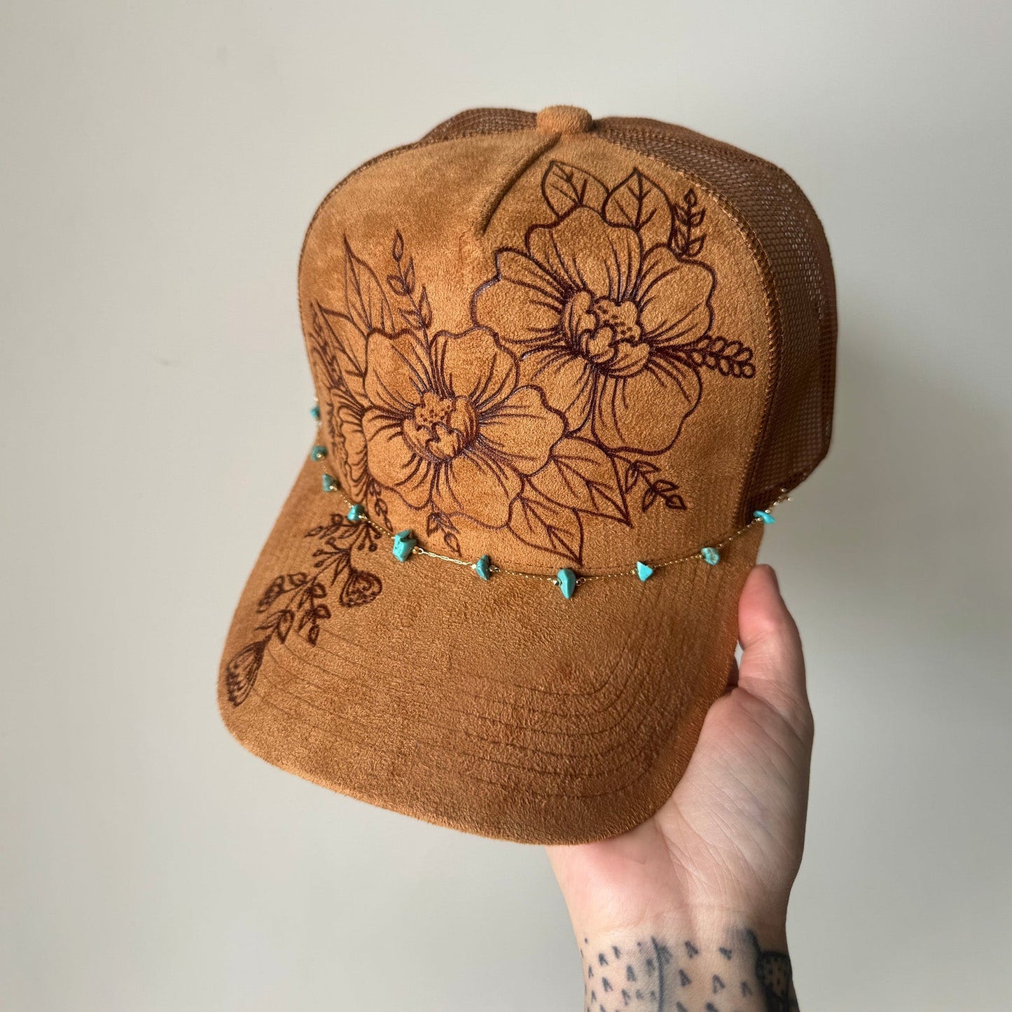 Flower Patch Burned Suede Trucker Hat with Dainty Turquoise Stone Chain