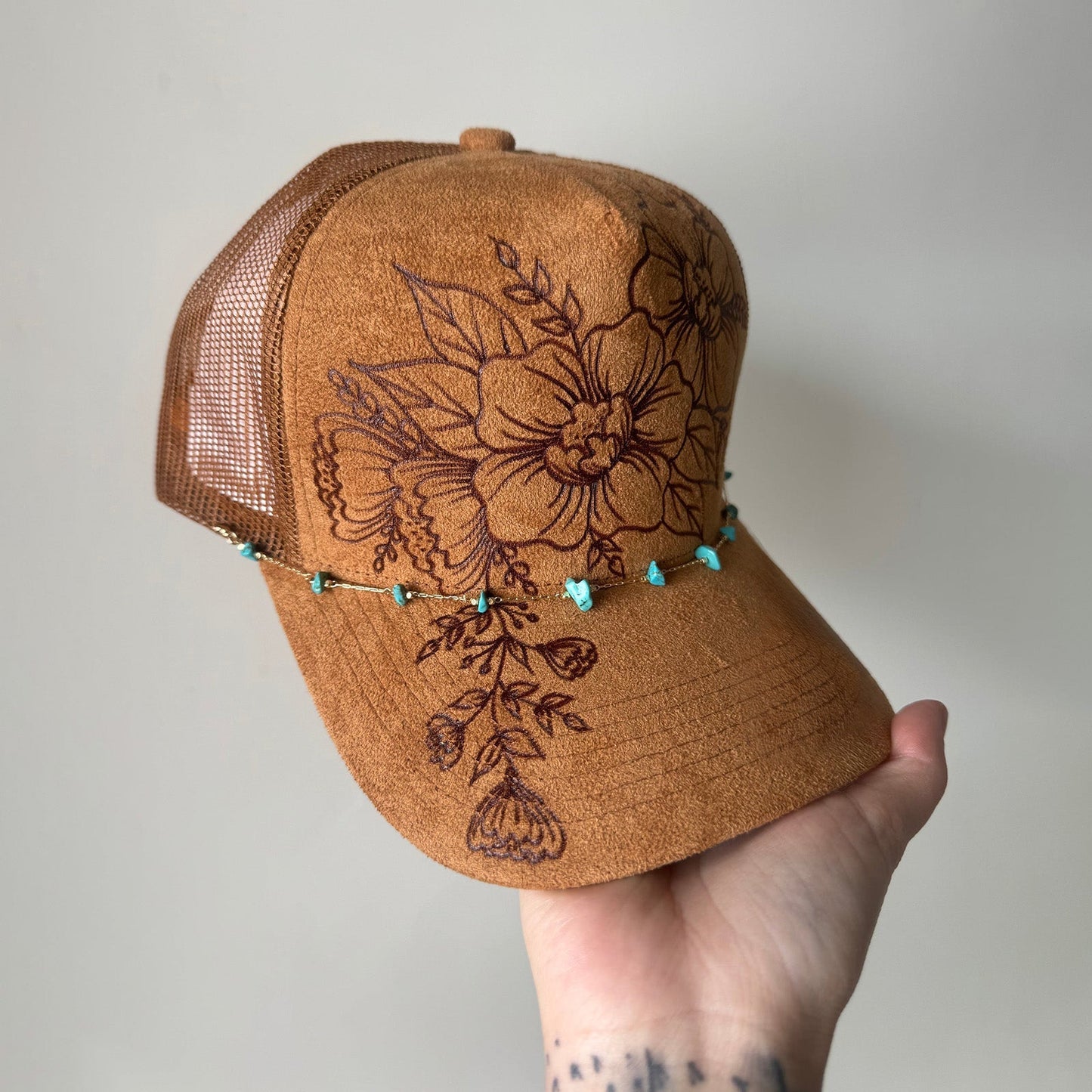 Flower Patch Burned Suede Trucker Hat with Dainty Turquoise Stone Chain