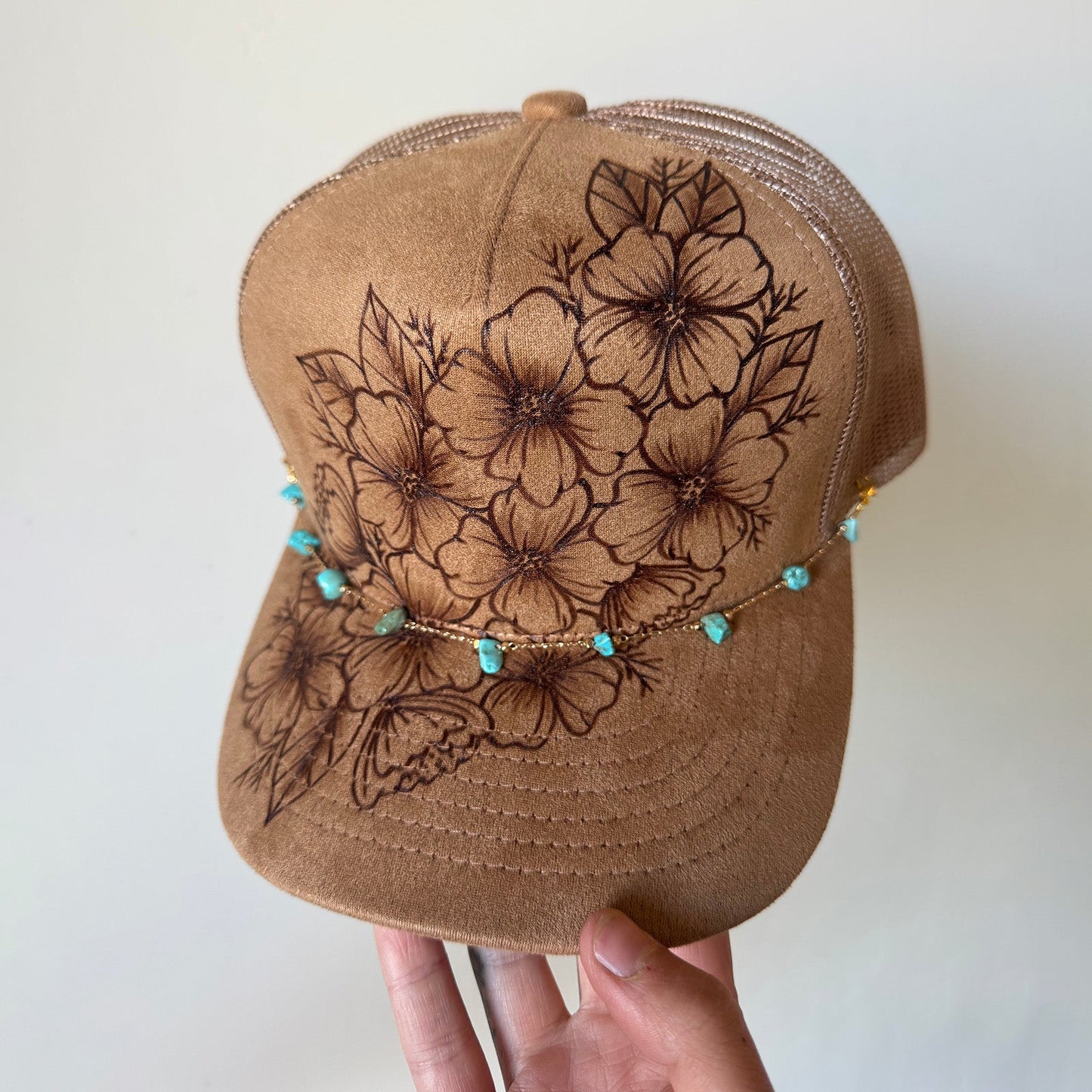 Flower Patch Burned Suede Trucker Hat with Dainty Turquoise Stone Chain