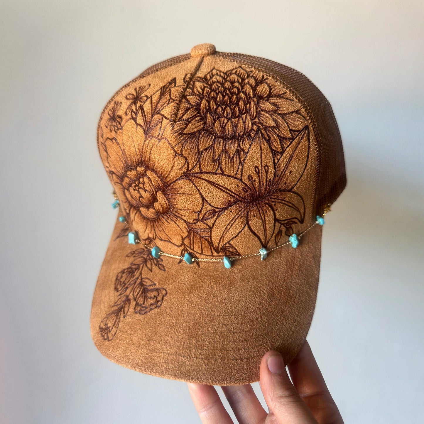 Flower Patch Burned Suede Trucker Hat with Dainty Turquoise Stone Chain