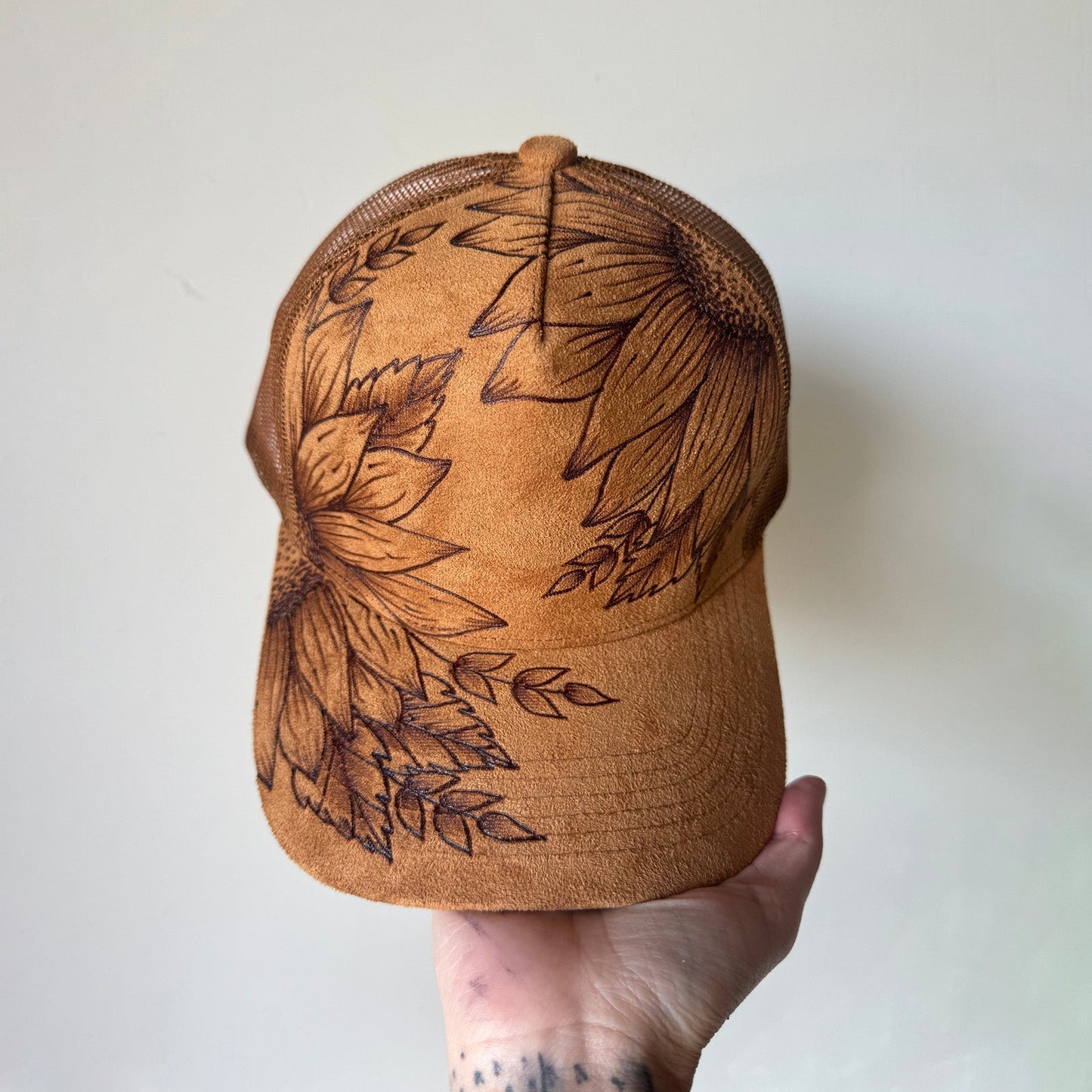 Flower Patch Burned Suede Trucker Hat with Dainty Turquoise Stone Chain