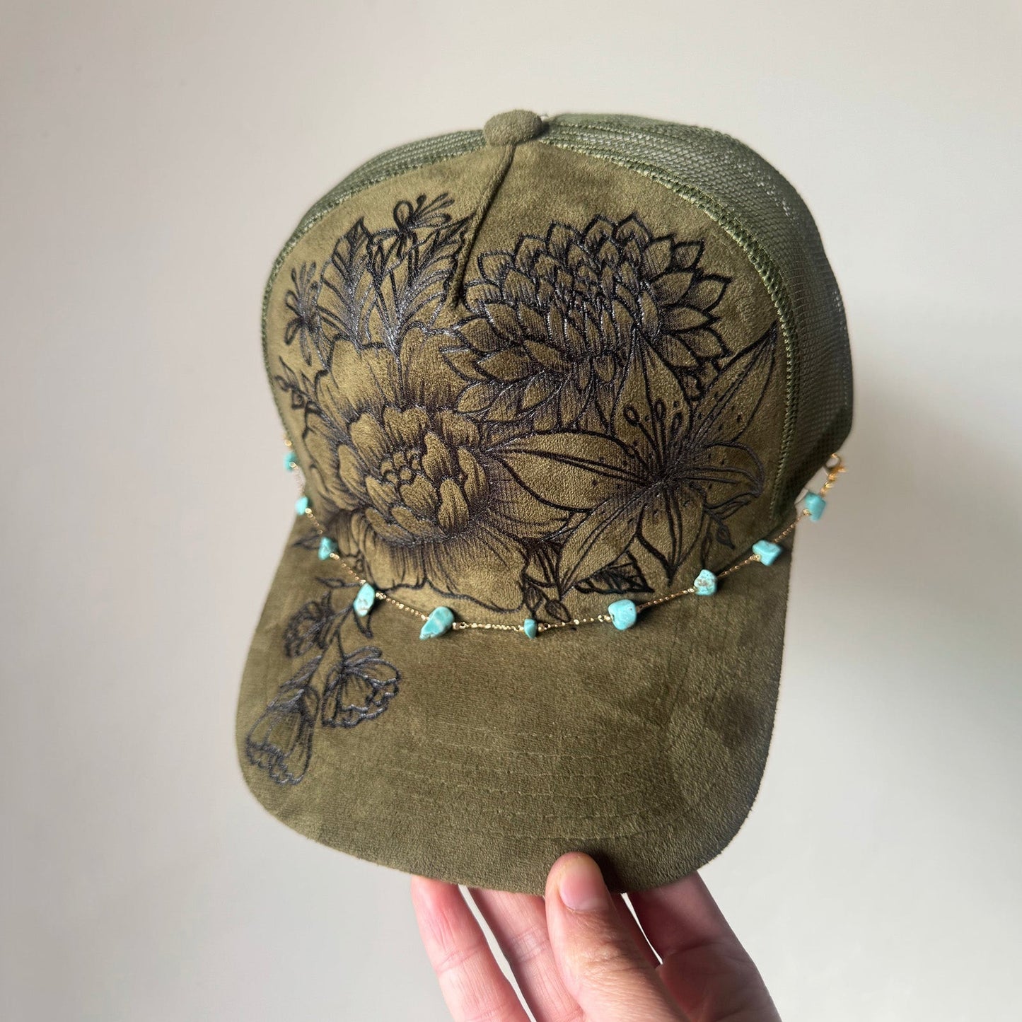 Flower Patch Burned Suede Trucker Hat with Dainty Turquoise Stone Chain