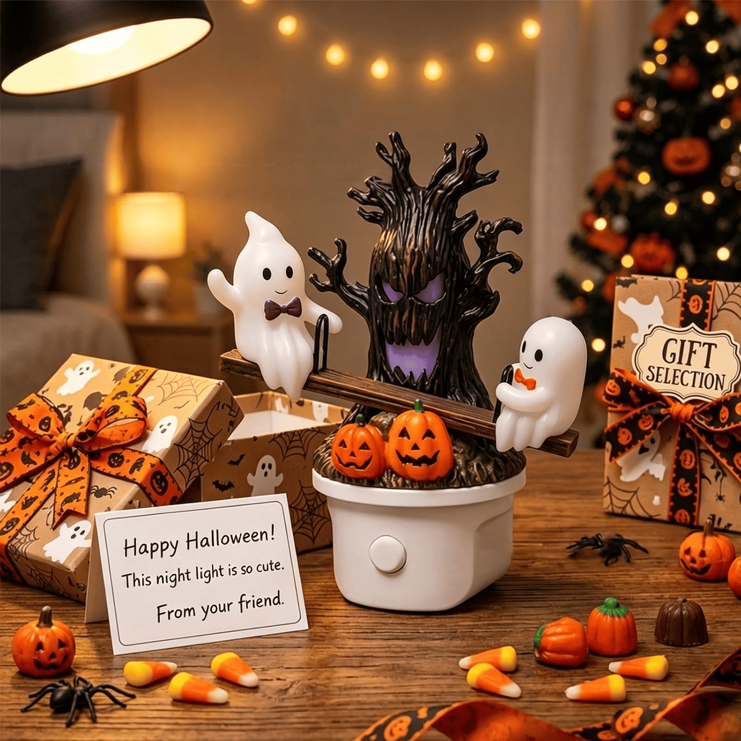 👻 Bouncing Ghost Seesaw Night Light – Cute Plug-In Halloween Decor