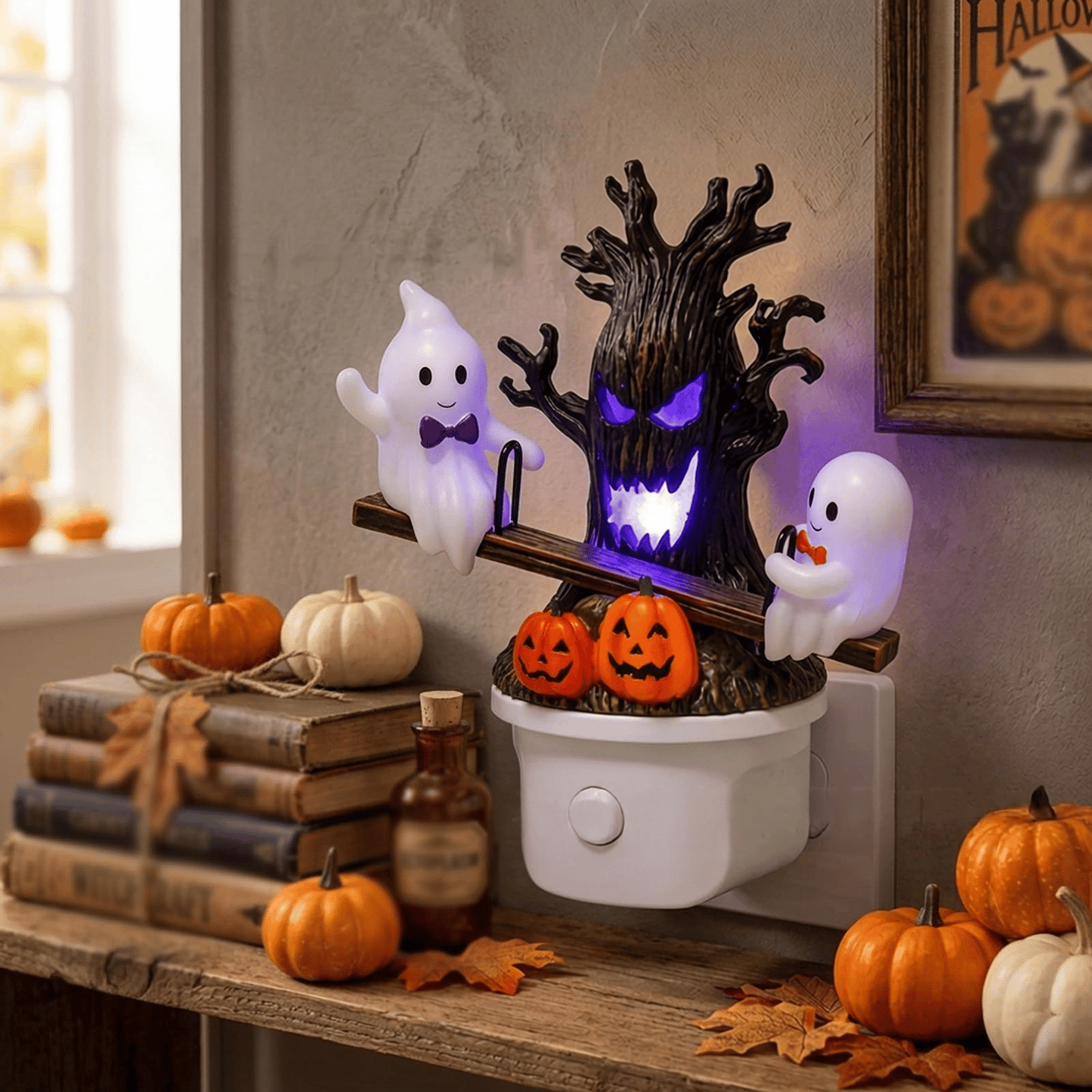 👻 Bouncing Ghost Seesaw Night Light – Cute Plug-In Halloween Decor