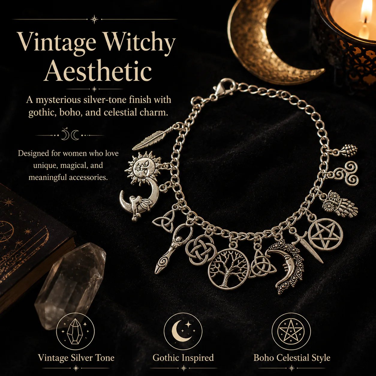 🔥Last Day 50% OFF - 🧙🖤Vintage Witchy Charm Bracelet