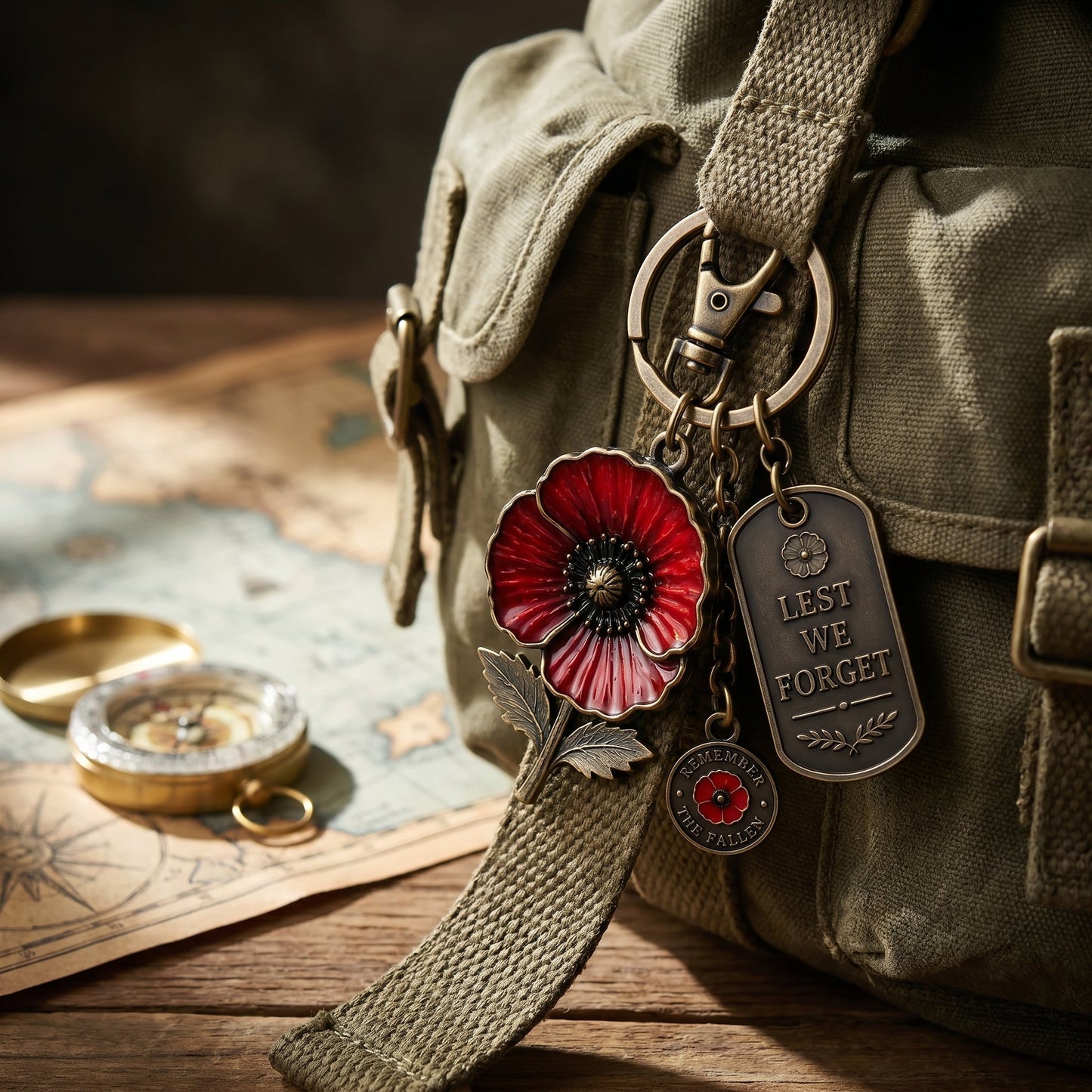 Poppy Remembrance Keychain - Vintage Bronze Tone - Honor & Rememberance