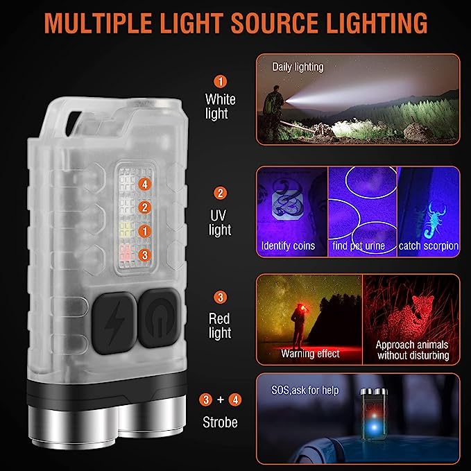 🔦💡Small Powerful EDC Flashlight with Red UV Blue Light -Super Bright 900LM