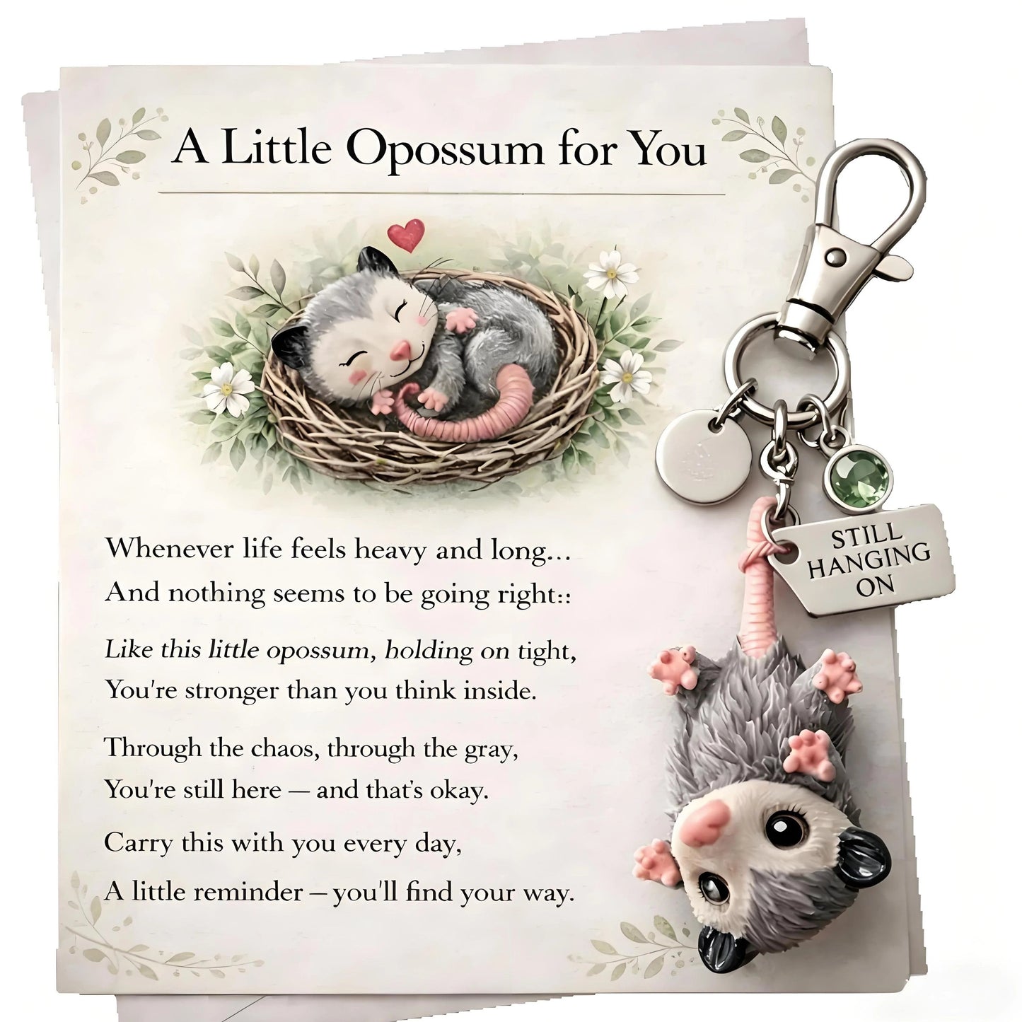 🐁A Little Opossum for You - "Still Hanging On" Keychain & Sentiment Card Set